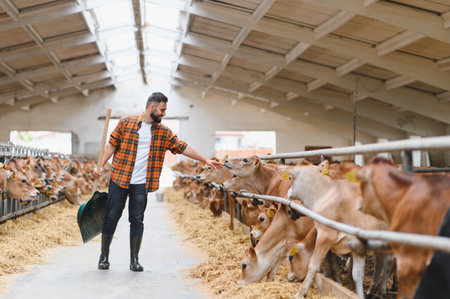 Young farmer holding a shovel and gently stroking jersey cattle while feeding them hay inside a cozy...