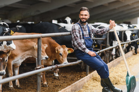 Young farmer sitting and smiling, leaning on fence in cowshed holding shovel, taking care of jersey and Holstein friesian cowsの写真素材