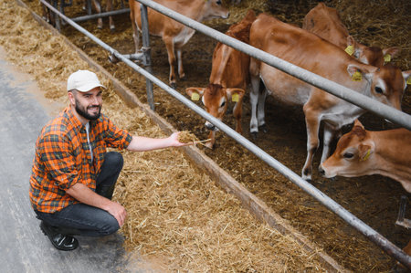 Farmer offering feed to jersey cows in a cowshed, demonstrating dedication to animal welfare and sustainable farming practicesの写真素材