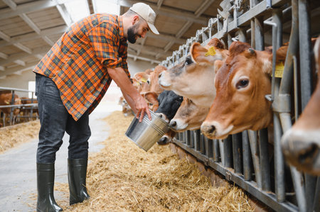 Farmer nurtures his livestock, highlighting the crucial role of animal husbandry in modern farming practicesの写真素材