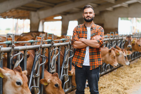 Portrait of a farmer standing proudly with arms crossed in his dairy farm, surrounded by jersey cattle feeding on hayの写真素材