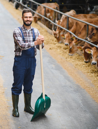 Young farmer standing proudly with a shovel in a cowshed while jersey cattle enjoy hay, embodying the essence of rural life and sustainable agricultureの写真素材