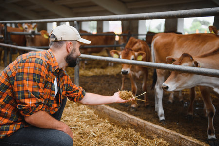 Farmer crouching in a cowshed, feeding cows with hay, highlighting the dedication to agriculture and livestock care in rural lifeの写真素材