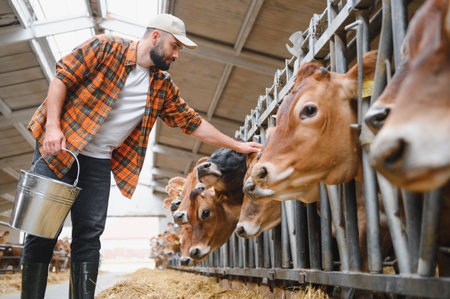 Farmer gently caressing jersey cattle in a cowshed while holding a metal bucket, nurturing livestock in a rural agricultural settingの写真素材