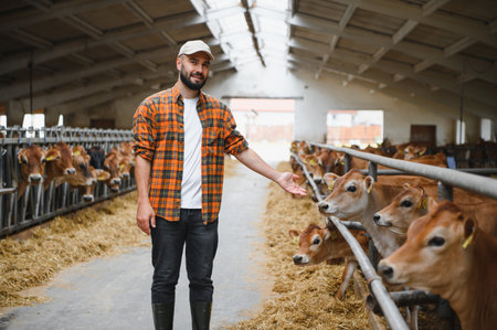 Farmer presenting his cattle jersey inside barn at livestock farm, showcasing healthy and well cared for animalsの写真素材