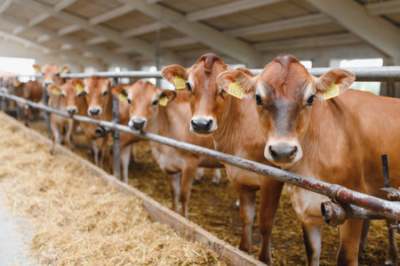 Jersey cows standing in their stalls, feeding on hay in a modern barn at a dairy farm, showcasing sustainable agriculture and livestock managementの写真素材