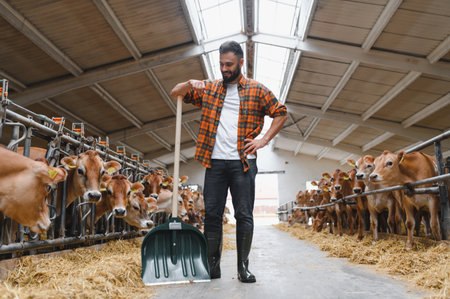 Farmer leaning on a shovel, tending to jersey cattle in a spacious barn, embodying the dedication of rural agricultural lifeの写真素材
