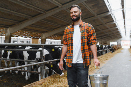 Young farmer smiling while walking through a cowshed, holding a metal bucket near content cattle and engaging in daily farming tasksの写真素材