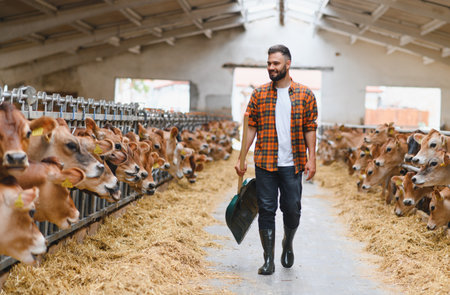 Young farmer walking through a cowshed, smiling while holding a shovel and caring for jersey cattle in a vibrant agricultural settingの写真素材