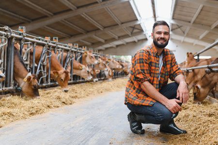 Young farmer crouching in stable while cows are eating hay, agriculture and farming industry concept