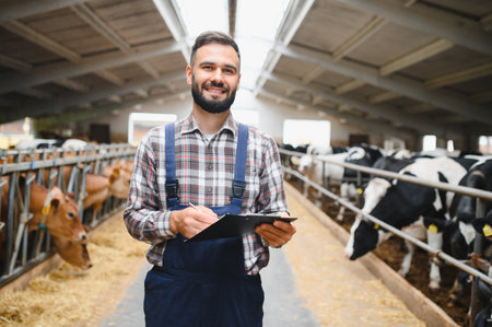 Young farmer writing notes on a clipboard while walking among cows in the cowshed, smiling and...
