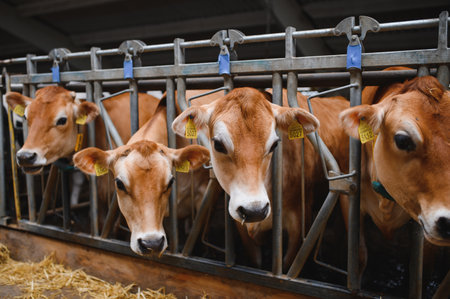 Jersey cows are feeding on hay inside a modern barn stall, showcasing sustainable agriculture...