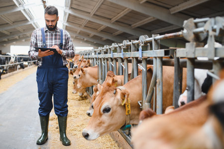 Farmer using digital tablet managing cows in cowshed, modern agriculture and technology conceptの写真素材