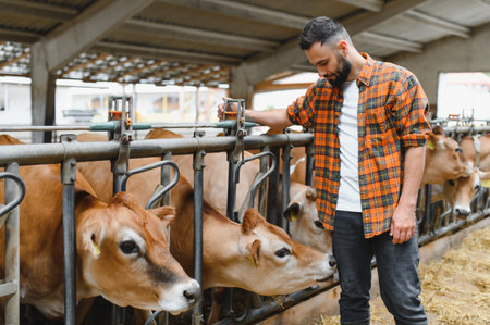 Young farmer working in a modern barn, managing and feeding jersey cows, ensuring high quality milk...