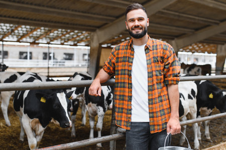 Young farmer smiling proudly while holding a metal bucket near black and white cows in a cozy cowshed on a rural farmの写真素材