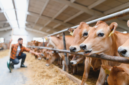 Farmer working in a barn and stroking jersey cattle behind a fence, taking care of livestock and farmingの写真素材
