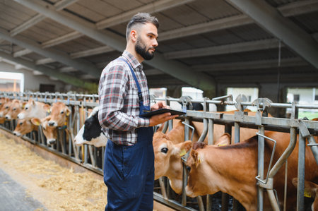 Farmer using digital tablet managing cows in modern farm cowshed, agriculture and technology conceptの写真素材