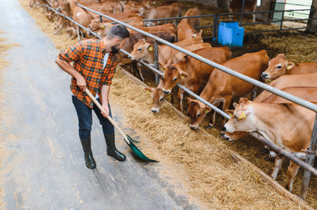 Farmer using a pitchfork to distribute hay while feeding jersey cows inside the stable of a bustling dairy farmの写真素材