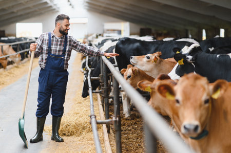 Farmer holding a shovel, tending to jersey cattle in a barn, ensuring proper care for livestock in a vibrant agricultural settingの写真素材