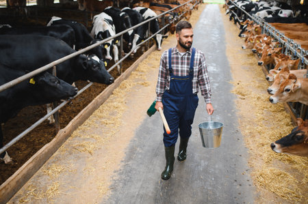 Farmer carrying a metal bucket and shovel, walking through the barn while tending to cows and managing daily tasks on the farmの写真素材