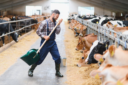Cheerful farmer dancing and singing while joyfully working with a shovel in a bustling cow farm, surrounded by happy livestock and rural charmの写真素材