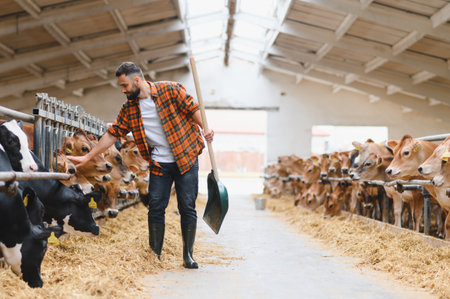 Farmer gently caressing a jersey cow while holding a shovel inside a cowshed, showcasing the bond between livestock and agricultureの写真素材