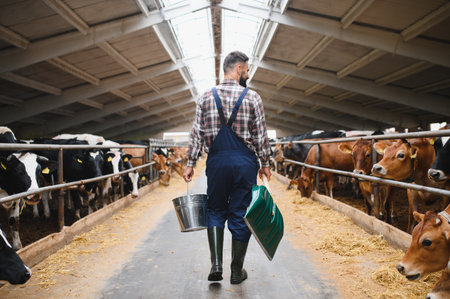 Rear view of male farmer walking through cowshed carrying metal bucket and shovel, going to feed the...