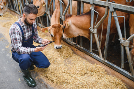 Farmer crouching and using digital tablet while examining cows eating hay in stable at dairy farmの写真素材