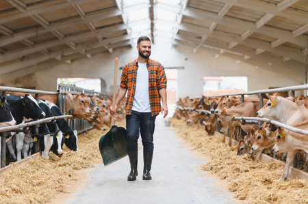 Young farmer walking through stable on dairy farm, holding shovel and smiling, taking care of his...
