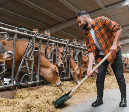 Farmer spreading hay for jersey cows in a modern dairy farm, ensuring healthy livestock and efficient milk productionの写真素材