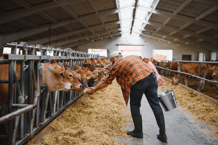Farmer taking care of jersey cows, providing them with hay in a modern barn, showcasing livestock farming practicesの写真素材