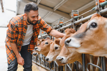 Young smiling farmer petting jersey cows in a modern barn, showcasing livestock care and sustainable agriculture practicesの写真素材