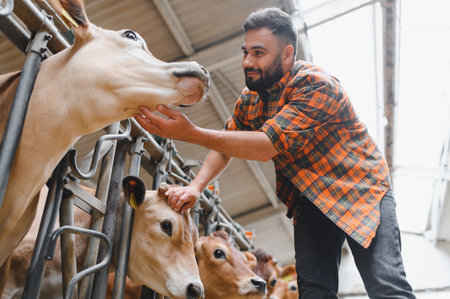 Bearded farmer taking care of his jersey cows in a modern barn, stroking their heads with love and careの写真素材