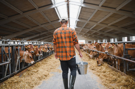 Farmer carrying a metal bucket walks through the cowshed, feeding jersey cows with fresh hay in a bustling dairy farm environmentの写真素材