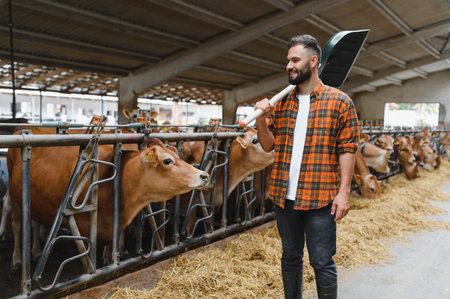 Farmer carrying a shovel on his shoulder, observing jersey cattle munching on hay inside a rustic...