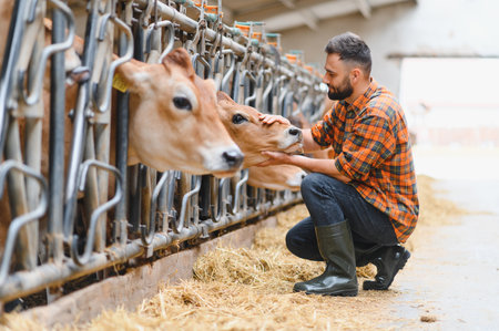 Farmer caring for jersey cattle inside a barn, gently stroking their heads while ensuring their well being in a nurturing environmentの写真素材