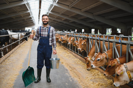 Young farmer holding a shovel and bucket, walking through the cowshed while cows happily munch on fresh hayの写真素材