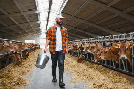 Farmer wearing rubber boots and carrying metal bucket walking in cowshed and feeding jersey cattleの写真素材