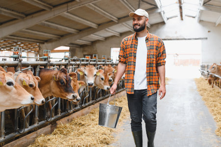 Farmer carrying metal bucket walking near jersey cattle eating hay inside barn, agriculture and farming industryの写真素材