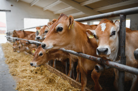 Jersey cows eating hay inside a barn, showcasing sustainable farming practices and livestock managementの写真素材