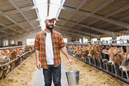 Young farmer carrying metal bucket walking near jersey cattle in barn, agriculture and farming industryの写真素材