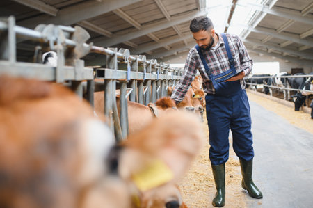 Farmer using digital tablet and examining cows in cowshed, agriculture and livestock industry conceptの写真素材
