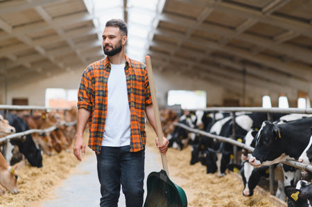 Young farmer walking through a cowshed, holding a shovel while observing a group of cows happily...