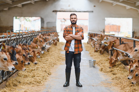 Confident farmer stands proudly amidst his jersey cattle in a modern dairy farm, ensuring the health...