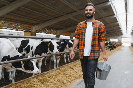 Young farmer walking through a cowshed, smiling while carrying a metal bucket near a feeding trough for livestockの写真素材