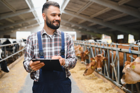 Smiling farmer taking notes on clipboard while walking near cows in barn, agriculture and farming industryの写真素材