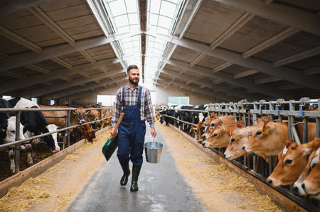 Farmer walking through the cowshed, carrying a shovel and bucket, while cows enjoy their hay in a bustling barn environmentの写真素材