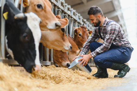 Young farmer pouring fodder into a bucket while feeding jersey cows in a cozy cowshed, nurturing...