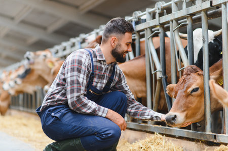 Young farmer gently caressing a jersey cow in a cozy cowshed, highlighting the connection between agriculture and the farming industryの写真素材