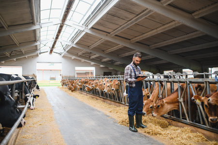 Farmer using a digital tablet for note taking while closely monitoring cows as they feed in a...